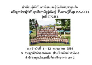 ทาเนียบผู้เข้ารับการฝึกอบรมผู้บังคับบัญชาลูกเสือ
หลักสูตรวิชาผู้กากับลูกเสือสามัญรุ่นใหญ่ ขั้นความรู้ชั้นสูง (S.S.A.T.C)
รุ่นที่ 97/2556
ระหว่างวันที่ 6 – 12 พฤษภาคม 2556
ณ ค่ายลูกเสืออาเภอพบพระ (โรงเรียนบ้านป่าคาใหม่)
สานักงานลูกเสือเขตพื้นที่การศึกษาตาก เขต 2
 