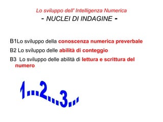 Lo sviluppo dell' Intelligenza Numerica
- NUCLEI DI INDAGINE -
B1Lo sviluppo della conoscenza numerica preverbale
B2 Lo sviluppo delle abilità di conteggio
B3 Lo sviluppo delle abilità di lettura e scrittura del
numero
 