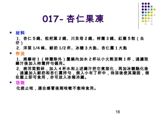 017- 杏仁果凍


材料

1. 杏仁 5 錢、枇杷葉 2 錢、川貝母 2 錢、柿霜 3 錢、紅棗 5 粒（去
仔）
2. 洋菜 1/4 條、鮮奶 1/2 杯、冰糖 3 大匙、杏仁露 1 大匙


作法

1. 將藥材 1 （柿霜除外）置鍋內加水 2 杯以小火熬至剩 1 杯，過濾取
藥汁後加入柿霜拌勻備用。
2. 將洋菜剪碎，加入 4 杯水和上述藥汁把它煮溶化，再加冰糖融化後
，過濾加入鮮奶和杏仁露拌勻，倒入小布丁杯中，待涼後使其凝固，倒
在盤上即可食用，亦可放入冰箱冷藏。


功效

化痰止咳，適合感冒後期咳嗽不愈時食用。

18

 
