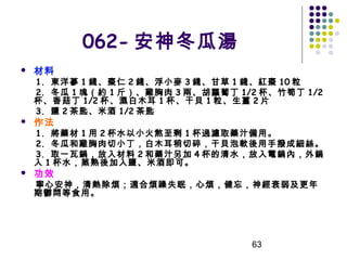 062- 安神冬瓜湯


材料

1. 東洋蔘 1 錢、棗仁 2 錢、浮小麥 3 錢、甘草 1 錢、紅棗 10 粒
2. 冬瓜 1 塊（約 1 斤）、雞胸肉 3 兩、胡蘿蔔丁 1/2 杯、竹筍丁 1/2
杯、香菇丁 1/2 杯、濕白木耳 1 杯、干貝 1 粒、生薑 2 片
3. 鹽 2 茶匙、米酒 1/2 茶匙


作法

1. 將藥材 1 用 2 杯水以小火熬至剩 1 杯過濾取藥汁備用。
2. 冬瓜和雞胸肉切小丁，白木耳稍切碎，干貝泡軟後用手撥成細絲。
3. 取一瓦鍋，放入材料 2 和藥汁另加 4 杯的清水，放入電鍋內，外鍋
入 1 杯水，蒸熟後加入鹽、米酒即可。


功效

寧心安神，清熱除煩；適合煩躁失眠，心煩，健忘，神經衰弱及更年
期鬱悶等食用。

63

 
