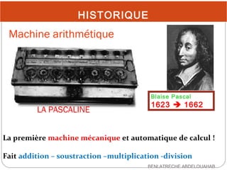 HISTORIQUE

Machine arithmétique

Blaise Pascal

LA PASCALINE

1623  1662

La première machine mécanique et automatique d...
