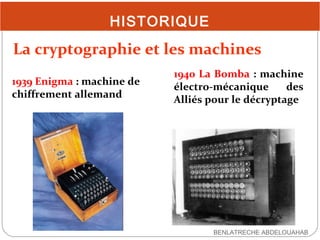 HISTORIQUE

La cryptographie et les machines
1939 Enigma : machine de
chiffrement allemand

1940 La Bomba : machine
électr...