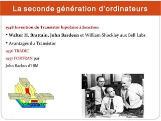 La seconde génération d’ordinateurs
1948 Invention du Transistor bipolaire à Jonction

 Walter H. Brattain, John Bardeen ...