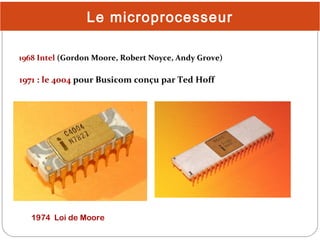 Le microprocesseur
1968 Intel (Gordon Moore, Robert Noyce, Andy Grove)

1971 : le 4004 pour Busicom conçu par Ted Hoff

30...
