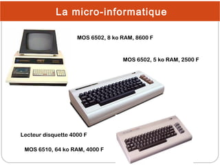 La micro-informatique
MOS 6502, 8 ko RAM, 8600 F

MOS 6502, 5 ko RAM, 2500 F

Lecteur disquette 4000 F

33

MOS 6510, 64 k...