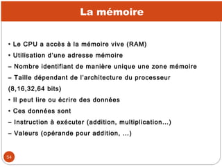 La mémoire
• Le CPU a accès à la mémoire vive (RAM)
• Utilisation d’une adresse mémoire
– Nombre identifiant de manière un...