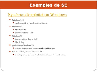Exemples de SE
Systèmes d'exploitation Windows
 Windows 3.11
 pas de multitâche, pas de multi-utilisateurs
 Windows 95
...