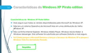 Características do Windows XP Pirate Edition
 Mais seguro que todas as versões disponibilizadas pela Microsoft do Windows XP.
 Não era um sistema Operativo da Microsoft Mas sim umas distribuição do Velho
Windows XP.
 Não continha Internet Explorer, Windows Média Player, Windows Movie Maker e
Windows Messenger. Este software foi substituído por software Gratuito e mais seguro.
 Foi Criado porque a Microsoft Demorou a lançar o Secessor do Windows XP e porque o
Windows Vista Era demasiado Pessado.
Requisitos
 