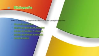 Para a realização deste trabalho consultei os seguintes sites:
 Microsoft Corporation
 Edições do Windows XP wikipédia
 Edições do Windows 7 wikipédia
 Edições do Windows 8 wikipédia
 Google Imagens
 