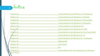 Página 20………………………………………………………….….. Características do Windows 7 Professional
Página 21……………………….…………………………………….. Características do Windows 7 Ultimate
Página 22…………………….……………………………………….. Características do Windows 7 Home Basic
Página 23………………….………………………………………….. Características do Windows 7 Enterprise
Página 24……………………………………………………………... Características do Windows 8.1
Página 25…………………………………………………………….. Características do Windows 8.1 PRO
Página 26…………………………………………………………….. Características do Windows 8.1 Pro Com WMC
Página 27…………………………………………………………….. Características do Windows 8.1 N
Página 28…………………………………………………………….. Características do Windows 8.1 Enterprise
Página 29………………………………………………………………Bibliografia
Página 30…………………………………………………………….. Conclusão
Página 31…………………………………………………………….. Fim
Página 32…………………………………………………………….. Anexos(Requisitos de instalação do Windows
Xp, 7 e 8.1 )
 