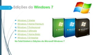  Windows 7 Starter
 Windows 7 Home Premium
 Windows 7 Professional
 Windows 7 Ultimate
 Windows 7 Home Basic
 Windows 7 Enterprise
No Total Existem 6 Edições do Microsoft Windows 7
 