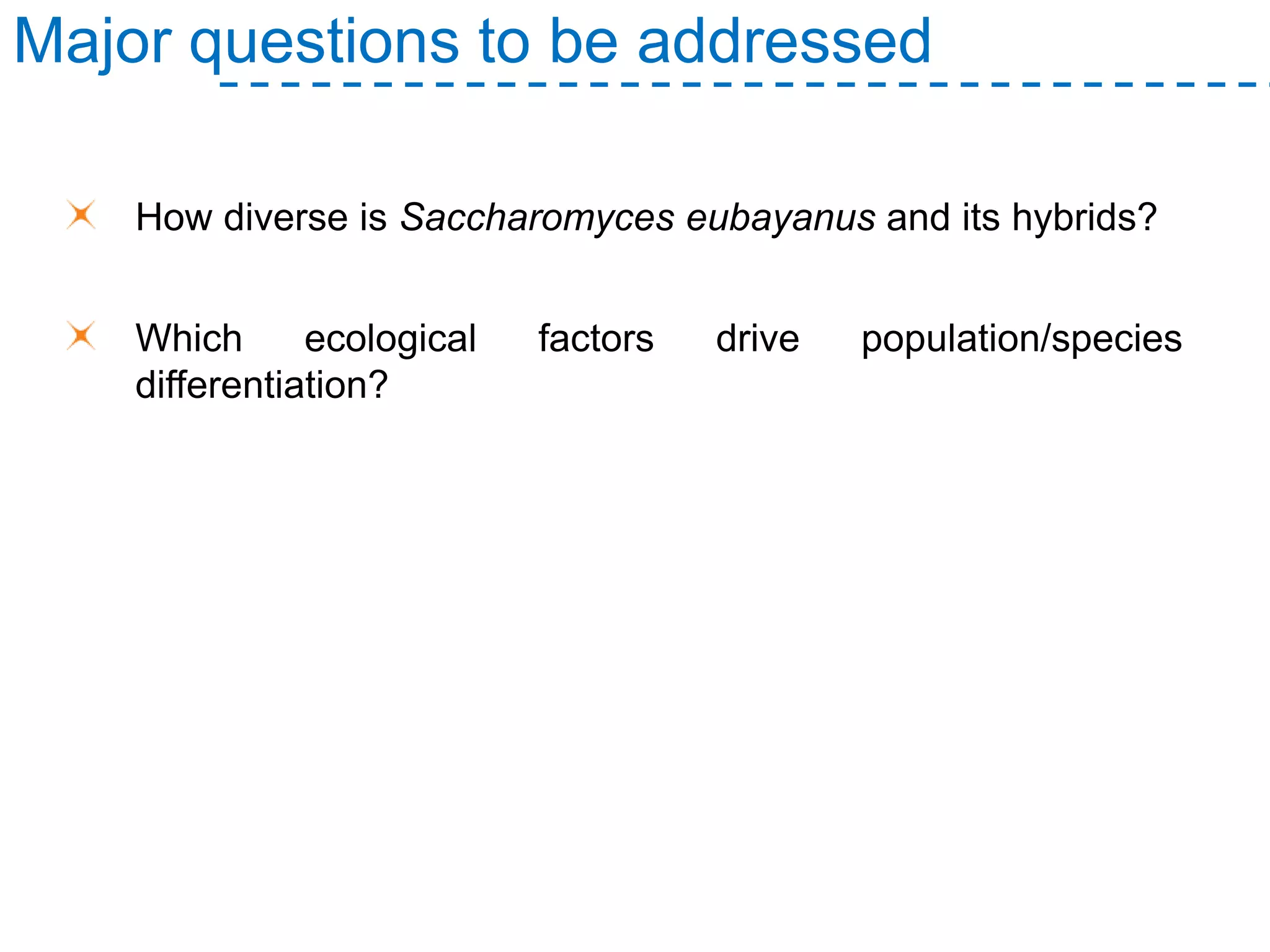 How diverse is Saccharomyces eubayanus and its hybrids?
Which ecological factors drive population/species
differentiation?
Major questions to be addressed
 