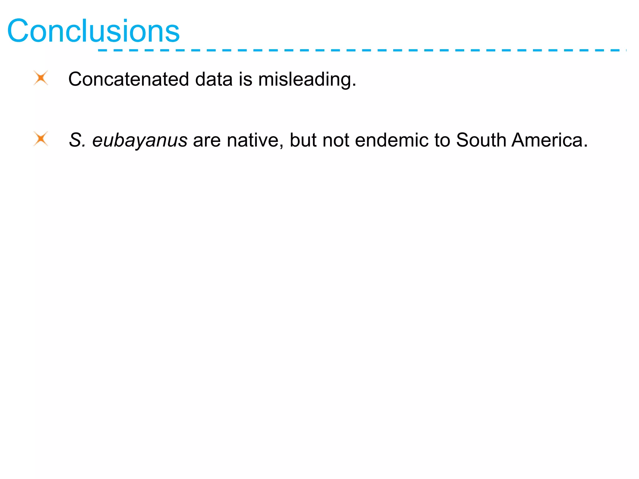 Conclusions
Concatenated data is misleading.
S. eubayanus are native, but not endemic to South America.
 
