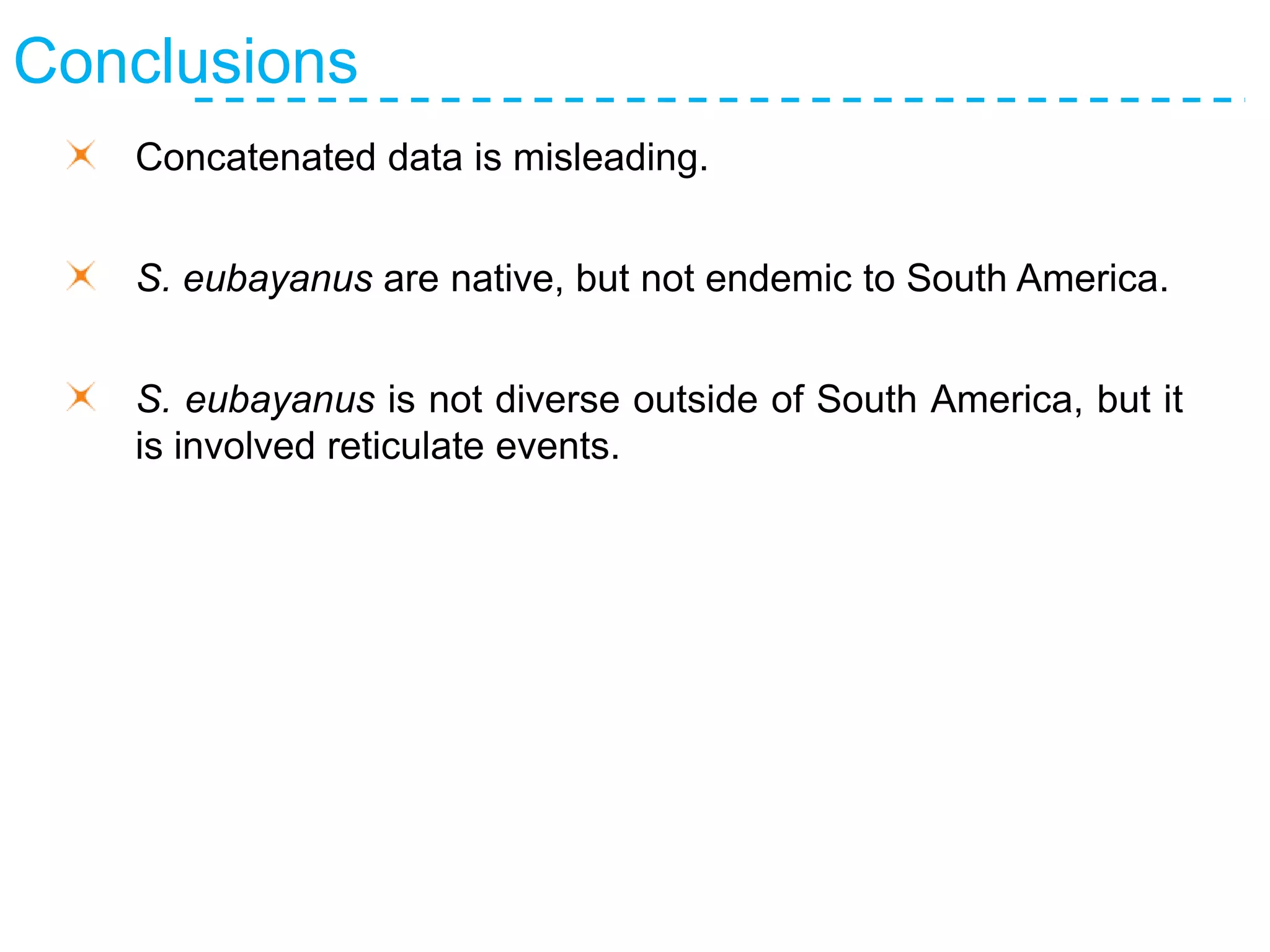 Conclusions
Concatenated data is misleading.
S. eubayanus are native, but not endemic to South America.
S. eubayanus is not diverse outside of South America, but it
is involved reticulate events.
 