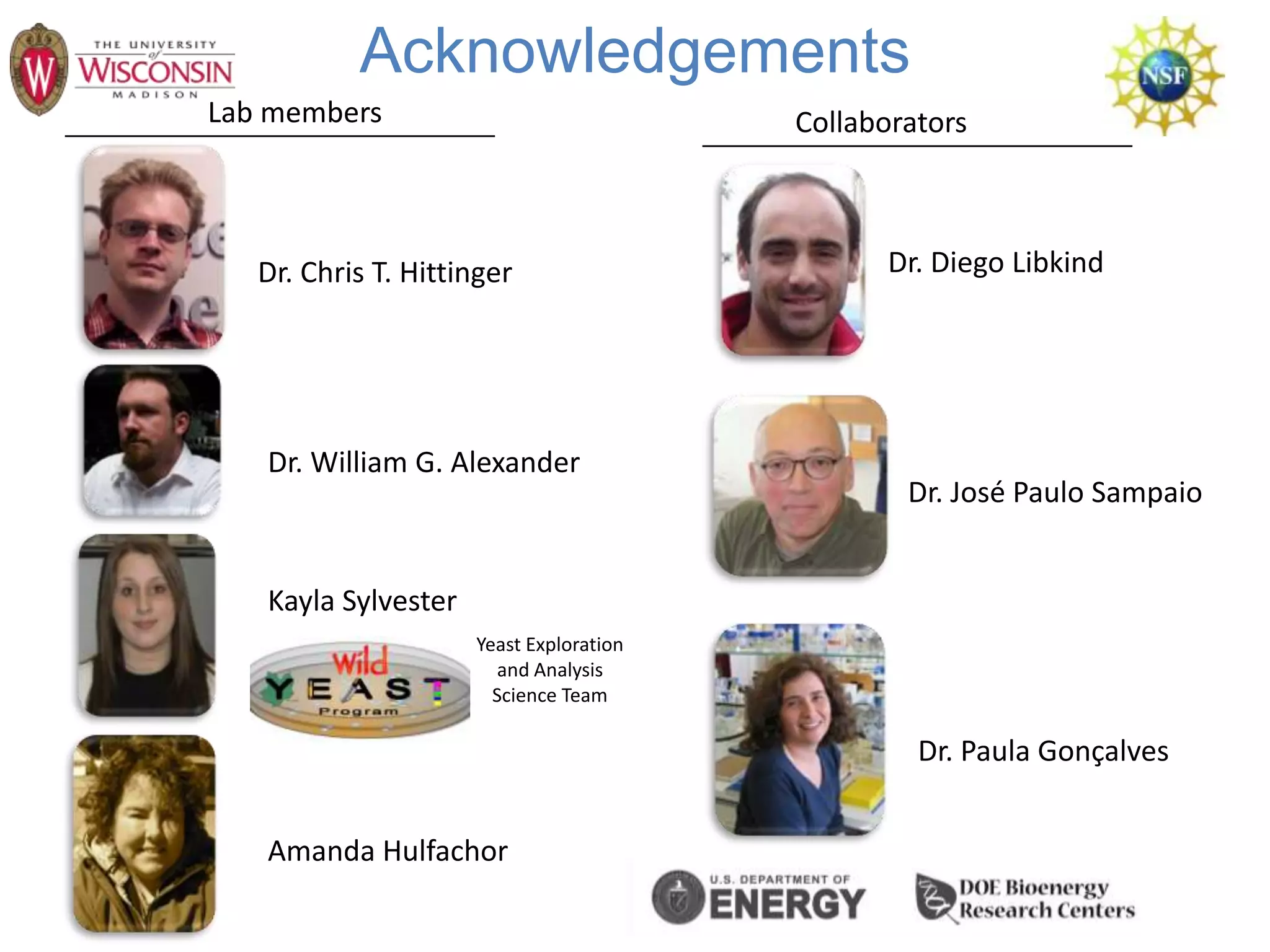 Lab members Collaborators
Acknowledgements
Yeast Exploration
and Analysis
Science Team
Kayla Sylvester
Dr. Chris T. Hittinger Dr. Diego Libkind
Dr. José Paulo Sampaio
Dr. Paula Gonçalves
Dr. William G. Alexander
Amanda Hulfachor
 
