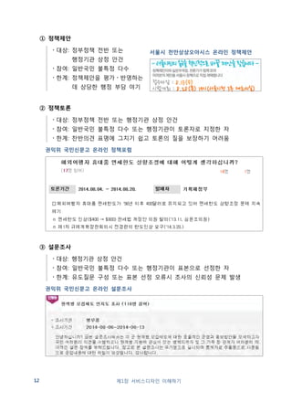 방통위 정책자문위원회 
제1장 서비스디자인 이해하기 13 
④ 공청회 
・대상: 입법안, 입법예고, 행정예고 등 정형화된 사안, 행정기관 상정 안건 
・참여: 안건 관련 이해관계자 
・한계: 실질적인 의견수렴보다 요식행위로 그치는 경우가 많음 
권익위 국민신문과 전자공청회 
⑤ 투표 
・대상: 대표자 선출 및 안건 결의 사안 
・참여: 선거인 명부에 등록된 자 
・한계: 온라인 투표인 경우 직접・비밀투표 
원칙이 지켜지는지 확신하기 어려움 
선관위 모바일 투표 
⑥ 위원회(자문/평가) 
・대상: 행정기관 상정 안건 
・참여: 행정기관이 위원으로 지정한 자 
・한계: 주로 산・학・연 전문가 위주로 구성, 
일반 국민은 참여하기 어려움 
 