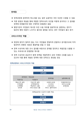 3. 서비스디자인 어떤 정책에 적용할까 
제1장 서비스디자인 이해하기 15 
활용 분야 
∎ 서비스디자인은 사람들이 정책이나 공공서비스를 이용할 때 무엇을 인식하거나 
생각하고, 어떤 선택이나 행동을 하는지를 포착하여 재설계하는 것임. 
특히 아래와 같은 경우에는 서비스디자인이 중요한 역할을 할 것으로 기대함 
・이용하기 위한 절차나 방법이 복잡한 경우 
・이용자가 자세히 봐서 구별하지 않으면 혼동할 여지가 있는 경우 
・이용방법과 관련하여 이용자 몸에 배인 습성이 있는 경우 
・정책이나 공공서비스와 관련하여 이해관계가 다른 이용자들이 있는 경우 
실제 활용빈도 
∎ 정부기능분류체계(business reference model, BRM) 상의 17대 정책 분야에 두루 
적용할 수 있는데, 특히 활발하게 활용하고 있는 분야는 아래와 같음 
・1순위: 공공질서 및 안전 (12), 보건 (10) ※ 괄호 안은 실제 사례 수 
・2순위: 문화체육관광 (9), 사회복지 (8), 산업・통상・중소기업 (7) 
・3순위: 교통 및 물류 (4), 환경 (4), 일반공공행정 (4), 교육 (3), 농림 (3) 
・4순위: 해양수산 (2), 통신 (1), 재정・세제・금융 (1), 지역개발 (1), 국방 (1) 
・5순위: 통일・외교(0), 과학기술(0) 
중앙, 지자체에는 
∎ 중앙부처와 지자체 정책 구분없이 모두 적용 가능, 중앙부처가 서비스디자인을 
선도적으로 도입하였으며 지자체로 확산 중 
※ 현재까지 파악된 바에 의하면 중앙부처 37개 과제, 지자체 33개 과제 추진 
∎ 지자체 정책의 경우 중앙부처에 비해 서비스디자인 접목이 보다 쉬울 것으로 
보이는데, 이는 대민 업무가 많고 기관장 의지에 따라 사업과 예산의 탄력적 
운영이 가능하며 보장된 임기기간동안 안정적 추진이 가능하기 때문 
 