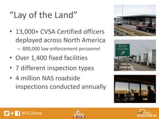 “Lay of the Land” 
• 13,000+ CVSA Certified officers 
deployed across North America 
– 800,000 law enforcement personnel 
• Over 1,400 fixed facilities 
• 7 different inspection types 
• 4 million NAS roadside 
inspections conducted annually 
#CCJSymp 
 