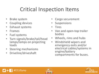 Critical Inspection Items 
• Brake system 
• Coupling devices 
• Exhaust systems 
• Frames 
• Fuel systems 
• Turn signals/brake/tail/head 
lamps/lamps on projecting 
loads 
• Steering mechanisms 
• Driveline/driveshaft 
#CCJSymp 
• Cargo securement 
• Suspensions 
• Tires 
• Van and open-top trailer 
bodies 
• Wheels, rims and hubs 
• Windshield wipers and 
emergency exits and/or 
electrical cables/systems in 
engine/battery 
compartments for buses. 
 