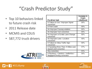 “Crash Predictor Study” 
• Top 10 behaviors linked 
to future crash risk 
• 2011 Release date 
• MCMIS and CDLIS 
• 587,772 truck drivers 
#CCJSymp 
 