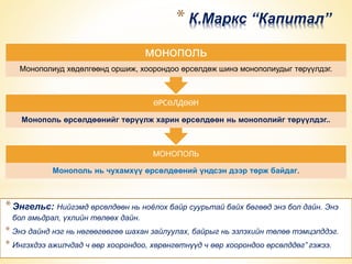 * К.Маркс “Капитал” 
монополь 
Монополиуд хөдөлгөөнд оршиж, хоорондоо өрсөлдөж шинэ монополиудыг төрүүлдэг. 
ӨРСӨЛДӨӨН 
Монополь өрсөлдөөнийг төрүүлж харин өрсөлдөөн нь монополийг төрүүлдэг.. 
МОНОПОЛЬ 
Монополь нь чухамхүү өрсөлдөөний үндсэн дээр төрж байдаг. 
*Энгельс: Нийгэмд өрсөлдөөн нь ноёлох байр суурьтай байх бөгөөд энэ бол дайн. Энэ 
бол амьдрал, үхлийн төлөөх дайн. 
* Энэ дайнд нэг нь нөгөөгөөгөө шахан зайлуулах, байрыг нь эзлэхийн төлөө тэмцэлддэг. 
* Ингэхдээ ажилчдад ч өөр хоорондоо, хөрөнгөтнүүд ч өөр хоорондоо өрсөлддөг” гэжээ. 
 
