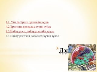 4.1. Үнэ ба Эрэлт, эрэлтийн хууль 
4.2.Эрэлтэнд нөлөөлөх хүчин зүйлс 
4.3.Нийлүүлэлт, нийлүүлэлтийн хууль 
4.4.Нийлүүлэлтэнд нөлөөлөх хүчин зүйлс 
*Дэд сэдэв: 
 