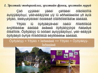 1. Эрэлтийг тодорхойлох, эрэлтийн функц, эрэлтийн муруй 
Çàõ çýýëèéí ýäèéí çàñãèéí òîãòîëöîîíä 
áүòýýãäýõүүí, үéëчèëãýýíèé үíý íü өðñөëäөөíèé үð äүíä 
ýðýëò, íèéëүүëýëòèéí õóóëèàð òîäîðõîéëîãäîæ áàéäàã. 
Ýðýëò íü õýðýãëýãчèéí òàëûí ñîíèðõîëûã 
èлýðõèéëæ áàéäàã áөãөөä õýðýãöýýòýé ñàëøãүé 
õîëáîîòîé. Õýðýãöýý íü òóõàéí áүòýýãäýõүүí, үéë÷èëãýýã 
õýðýãëýõ õүñýë ñîíèðõîëûã èëýðõèéëæ áàéäàã. 
Õýðýãöýý = Ýðýëò + Ìөðөөäөë => Ýðýëò = Õýðýãëýý-Ìөðөөäөë 
 