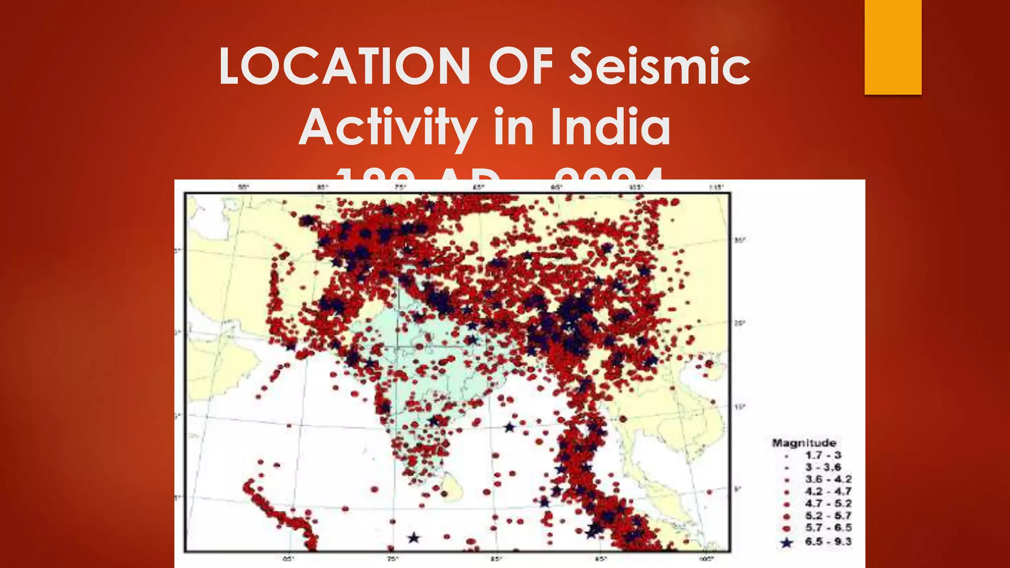 LOCATION OF Seismic
Activity in India
180 AD - 2004
 