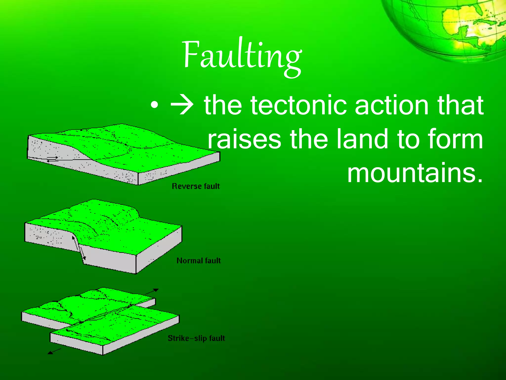 Faulting
•  the tectonic action that
raises the land to form
mountains.
 