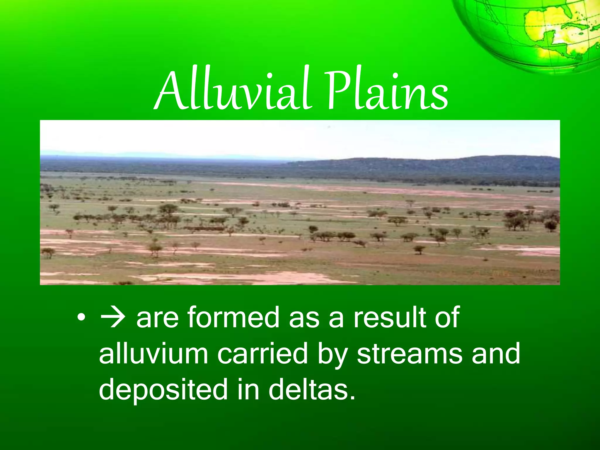 Alluvial Plains
•  are formed as a result of
alluvium carried by streams and
deposited in deltas.
 