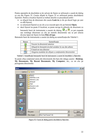22
Pentru operaţiile de deschidere şi de salvare de fişiere se utilizează o casetă de dialog
ca cea din Figura 32. Caseta afişată în Figura 32 se utilizează pentru deschiderea
fişierelor. Pentru a localiza fişierul ce trebuie deschis se procedează astfel :
 se afişază lista de directoare din caseta Look in şi clic pe discul logic pe care
se află fişierul,
 se selectează fişierul cu un clic şi se execută apoi clic pe butonul Open,
 dacă fişierul nu poate fi localizat, se poate naviga în arborele de directoare cu
butoanele barei de instrumente a casetei de dialog, şi , se pot expanda
sau restrânge directoare cu clic pe numele directorului sau se pot selecta
diverse tipuri de fişiere în lista Files of type.
Butoanele barei de instrumente a casetei de dialog au semnificaţia din Tabelul 1.
Buton Semnificaţie
Trecere la directorul anterior
Afişază în fereastră nivelul următor în sus din arbore
Crează un nou director
Alegerea modului de afişare a conţinutului directorului
Tabelul 1. Semnificaţia butoanelor barei de instrumente a casetei de deschidere a fişierelor.
Se poate afişa conţinutul uneia din directoarele din bara din stânga casetei : Desktop,
My Documents, My Recent Documents, My Computer, etc., cu un clic pe
pictograma directorului.
Figura 32. Caseta de dialog pentru deschiderea fişierelor.
 