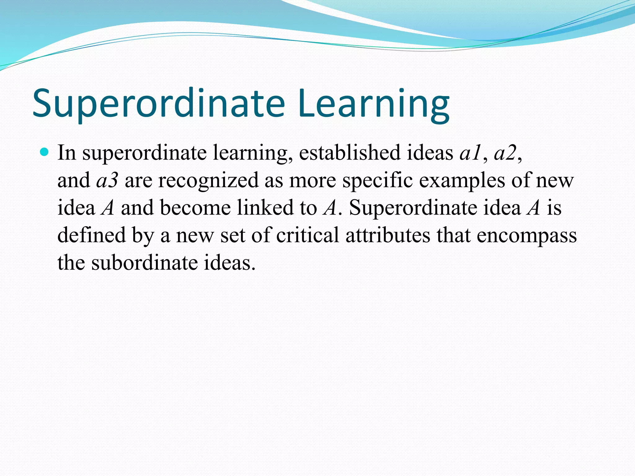 Superordinate Learning
 In superordinate learning, established ideas a1, a2,
and a3 are recognized as more specific examples of new
idea A and become linked to A. Superordinate idea A is
defined by a new set of critical attributes that encompass
the subordinate ideas.
 
