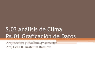 S.03 Análisis de Clima
PA.01 Graficación de Datos
Arquitectura y Bioclima 4º semestre
Arq. Celia R. Gastélum Ramírez
 
