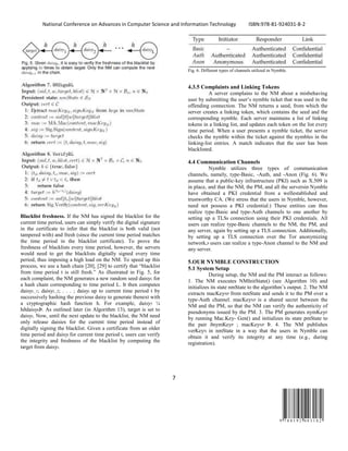 National Conference on Advances in Computer Science and Information Technology ISBN:978-81-924031-8-2
7
9 7 8 8 1 9 2 4 0 3 1 8 2
Blacklist freshness. If the NM has signed the blacklist for the
current time period, users can simply verify the digital signature
in the certificate to infer that the blacklist is both valid (not
tampered with) and fresh (since the current time period matches
the time period in the blacklist certificate). To prove the
freshness of blacklists every time period, however, the servers
would need to get the blacklists digitally signed every time
period, thus imposing a high load on the NM. To speed up this
process, we use a hash chain [20], [29] to certify that “blacklist
from time period t is still fresh.” As illustrated in Fig. 5, for
each complaint, the NM generates a new random seed daisyL for
a hash chain corresponding to time period L. It then computes
daisyL_1; daisyL_2; . . . ; daisyt up to current time period t by
successively hashing the previous daisy to generate thenext with
a cryptographic hash function h. For example, daisy5 ¼
hðdaisy6Þ. As outlined later (in Algorithm 13), target is set to
daisyt. Now, until the next update to the blacklist, the NM need
only release daisies for the current time period instead of
digitally signing the blacklist. Given a certificate from an older
time period and daisyt for current time period t, users can verify
the integrity and freshness of the blacklist by computing the
target from daisyt.
Fig. 6. Different types of channels utilized in Nymble.
4.3.5 Complaints and Linking Tokens
A server complains to the NM about a misbehaving
user by submitting the user’s nymble ticket that was used in the
offending connection. The NM returns a seed, from which the
server creates a linking token, which contains the seed and the
corresponding nymble. Each server maintains a list of linking
tokens in a linking list, and updates each token on the list every
time period. When a user presents a nymble ticket, the server
checks the nymble within the ticket against the nymbles in the
linking-list entries. A match indicates that the user has been
blacklisted.
4.4 Communication Channels
Nymble utilizes three types of communication
channels, namely, type-Basic, -Auth, and -Anon (Fig. 6). We
assume that a public-key infrastructure (PKI) such as X.509 is
in place, and that the NM, the PM, and all the serversin Nymble
have obtained a PKI credential from a wellestablished and
trustworthy CA. (We stress that the users in Nymble, however,
need not possess a PKI credential.) These entities can thus
realize type-Basic and type-Auth channels to one another by
setting up a TLS8 connection using their PKI credentials. All
users can realize type-Basic channels to the NM, the PM, and
any server, again by setting up a TLS connection. Additionally,
by setting up a TLS connection over the Tor anonymizing
network,9 users can realize a type-Anon channel to the NM and
any server.
5.OUR NYMBLE CONSTRUCTION
5.1 System Setup
During setup, the NM and the PM interact as follows:
1. The NM executes NMInitState() (see Algorithm 10) and
initializes its state nmState to the algorithm’s output. 2. The NM
extracts macKeyNP from nmState and sends it to the PM over a
type-Auth channel. macKeyNP is a shared secret between the
NM and the PM, so that the NM can verify the authenticity of
pseudonyms issued by the PM. 3. The PM generates nymKeyP
by running Mac.Key- Gen() and initializes its state pmState to
the pair ðnymKeyP ; macKeyNP Þ. 4. The NM publishes
verKeyN in nmState in a way that the users in Nymble can
obtain it and verify its integrity at any time (e.g., during
registration).
 
