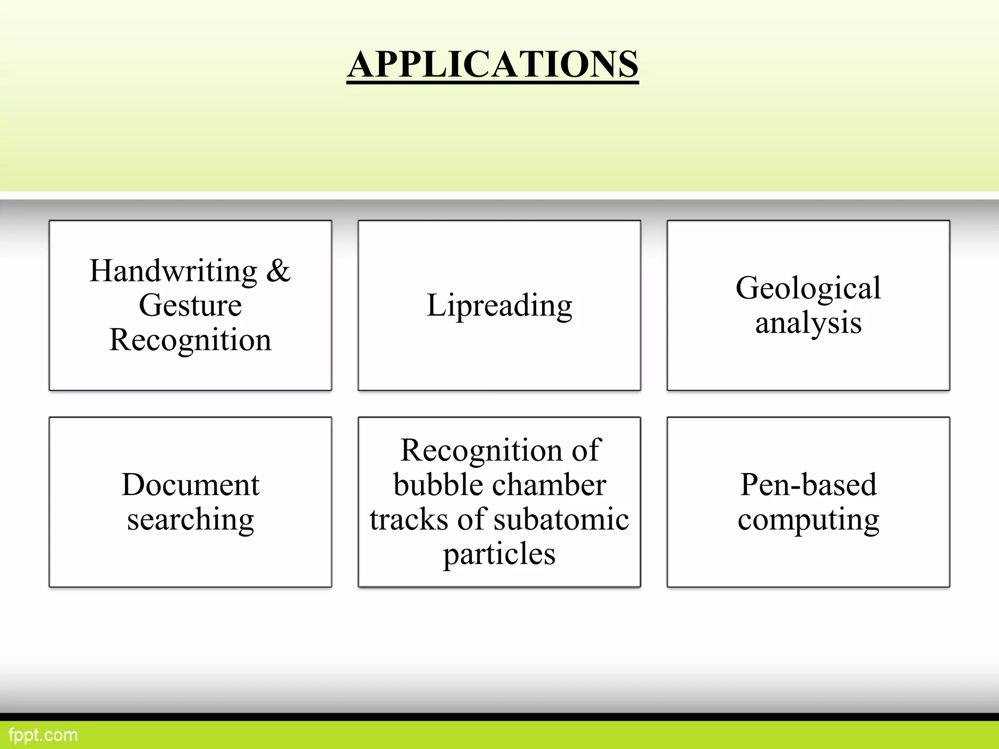 APPLICATIONS
Handwriting &
Gesture
Recognition
Lipreading
Geological
analysis
Document
searching
Recognition of
bubble chamber
tracks of subatomic
particles
Pen-based
computing
 