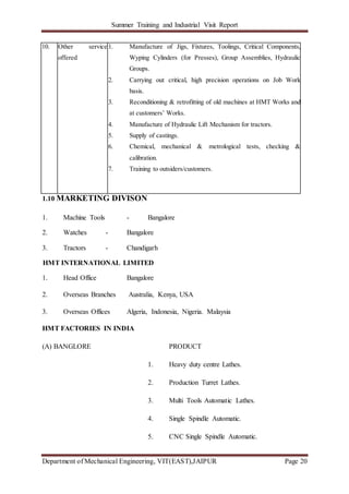 Summer Training and Industrial Visit Report
Department of Mechanical Engineering, VIT(EAST),JAIPUR Page 20
10. Other services
offered
1. Manufacture of Jigs, Fixtures, Toolings, Critical Components,
Wyping Cylinders (for Presses), Group Assemblies, Hydraulic
Groups.
2. Carrying out critical, high precision operations on Job Work
basis.
3. Reconditioning & retrofitting of old machines at HMT Works and
at customers’ Works.
4. Manufacture of Hydraulic Lift Mechanism for tractors.
5. Supply of castings.
6. Chemical, mechanical & metrological tests, checking &
calibration.
7. Training to outsiders/customers.
1.10 MARKETING DIVISON
1. Machine Tools - Bangalore
2. Watches - Bangalore
3. Tractors - Chandigarh
HMT INTERNATIONAL LIMITED
1. Head Office Bangalore
2. Overseas Branches Australia, Kenya, USA
3. Overseas Offices Algeria, Indonesia, Nigeria. Malaysia
HMT FACTORIES IN INDIA
(A) BANGLORE PRODUCT
1. Heavy duty centre Lathes.
2. Production Turret Lathes.
3. Multi Tools Automatic Lathes.
4. Single Spindle Automatic.
5. CNC Single Spindle Automatic.
 