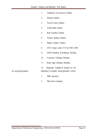 Summer Training and Industrial Visit Report
Department of Mechanical Engineering, VIT(EAST),JAIPUR Page 22
1. Cylindrical & Universal Grinder.
2. Internal Grinder.
3. Tool & Cutter Grinder.
4. Crank Shaft Grinder.
5. Roll Chamber Grinder.
6. Vertical Surface Grinder.
7. Duplex Surface Grinder.
8. CNC Trainer Lathe T-70 & VMC 200T
9. LENS Grinding & Polishing Machine.
10. Centreless Grinding Machine.
11. Knife edge Grinding Machine.
12. Hydraulic Cylindrical Grinder K-130
(F) AURANGABAD PRODUCT (DAIRY MACHINERY UNIT)
1. Milk Separator
2. Plate heat exchanger
 