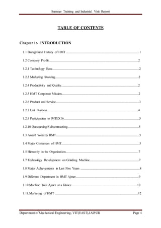 Summer Training and Industrial Visit Report
Department of Mechanical Engineering, VIT(EAST),JAIPUR Page 4
TABLE OF CONTENTS
Chapter 1:- INTRODUCTION
1.1 Background History of HMT ..........................................................................................1
1.2 Company Profile..............................................................................................................2
1.2.1 Technology Base...........................................................................................................2
1.2.3 Marketing Standing.......................................................................................................2
1.2.4 Productivity and Quality...............................................................................................2
1.2.5 HMT Corporate Mission...............................................................................................2
1.2.6 Product and Service.......................................................................................................3
1.2.7 Unit Business................................................................................................................4
1.2.9 Participation to IMTEX16.............................................................................................5
1.2.10 Outsourcing/Subcontracting........................................................................................5
1.3 Award Won By HMT.......................................................................................................5
1.4 Major Costumers of HMT................................................................................................5
1.5 Hierarchy in the Organization..........................................................................................7
1.7 Technology Development on Grinding Machine.............................................................7
1.8 Major Achievements in Last Five Years .........................................................................8
1.9 Different Department in HMT Ajmer..............................................................................9
1.10 Machine Tool Ajmer at a Glance.................................................................................10
1.11,Marketing of HMT ......................................................................................................12
 