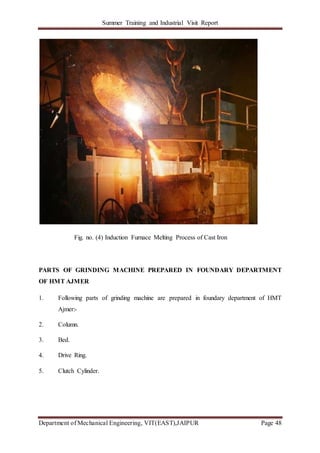 Summer Training and Industrial Visit Report
Department of Mechanical Engineering, VIT(EAST),JAIPUR Page 48
Fig. no. (4) Induction Furnace Melting Process of Cast Iron
PARTS OF GRINDING MACHINE PREPARED IN FOUNDARY DEPARTMENT
OF HMT AJMER
1. Following parts of grinding machine are prepared in foundary department of HMT
Ajmer:-
2. Column.
3. Bed.
4. Drive Ring.
5. Clutch Cylinder.
 