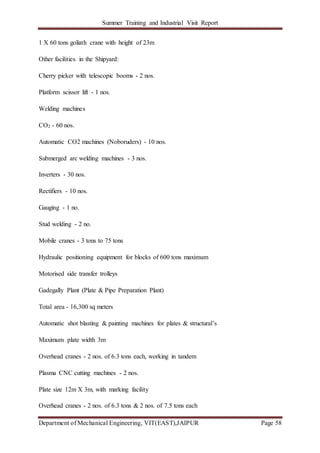 Summer Training and Industrial Visit Report
Department of Mechanical Engineering, VIT(EAST),JAIPUR Page 58
1 X 60 tons goliath crane with height of 23m
Other facilities in the Shipyard:
Cherry picker with telescopic booms - 2 nos.
Platform scissor lift - 1 nos.
Welding machines
CO2 - 60 nos.
Automatic CO2 machines (Noboruders) - 10 nos.
Submerged arc welding machines - 3 nos.
Inverters - 30 nos.
Rectifiers - 10 nos.
Gauging - 1 no.
Stud welding - 2 no.
Mobile cranes - 3 tons to 75 tons
Hydraulic positioning equipment for blocks of 600 tons maximum
Motorised side transfer trolleys
Gadegally Plant (Plate & Pipe Preparation Plant)
Total area - 16,300 sq meters
Automatic shot blasting & painting machines for plates & structural’s
Maximum plate width 3m
Overhead cranes - 2 nos. of 6.3 tons each, working in tandem
Plasma CNC cutting machines - 2 nos.
Plate size 12m X 3m, with marking facility
Overhead cranes - 2 nos. of 6.3 tons & 2 nos. of 7.5 tons each
 