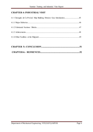 Summer Training and Industrial Visit Report
Department of Mechanical Engineering, VIT(EAST),JAIPUR Page 6
CHAPTER 4: INDUSTRIAL VISIT
4.1 Chowgule & Co.Pvt.Ltd. Ship Building Division Goa: Introduction...............................45
4.1.1 Major Deliveries..............................................................................................................46
4.1.2 Fabricated Sections / Blocks...........................................................................................47
4.1.3 Achievements..................................................................................................................48
4.1.4 Other Facilities at the Shipyard.......................................................................................49
CHAPTER 5:- CONCLUSION......................................................................51
CHAPTER 6:- REFRENCES........................................................................52
 