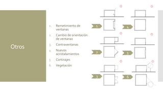 Otros
1. Remetimiento de
ventanas
2. Cambio de orientación
de ventanas
3. Contraventanas
4. Nuevos
acristalamientos
5. Cortinajes
6. Vegetación
1
2
3
4
5
6
 