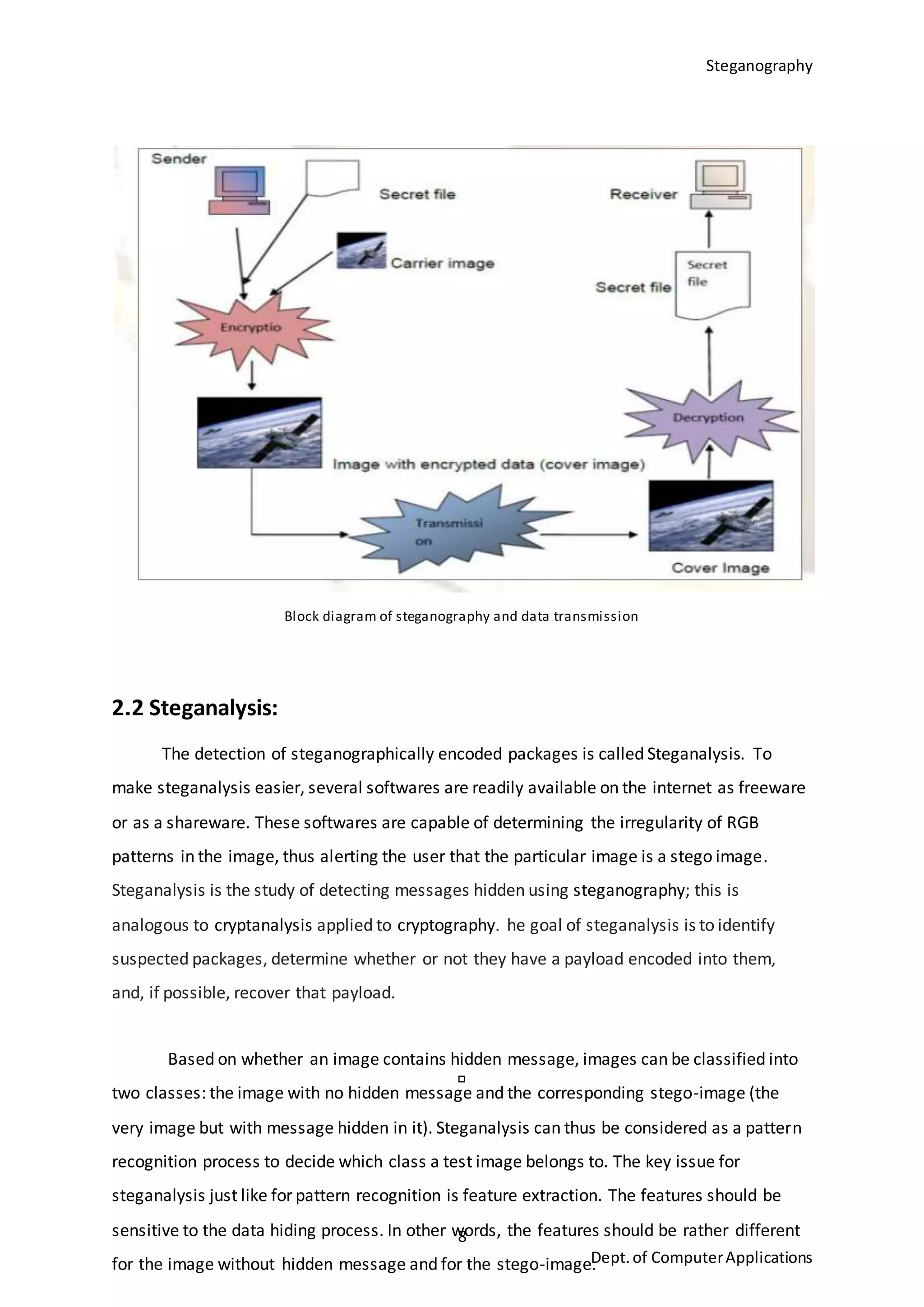 Steganography
8
Dept.of ComputerApplications
Block diagram of steganography and data transmission
2.2 Steganalysis:
The detection of steganographically encoded packages is called Steganalysis. To
make steganalysis easier, several softwares are readily available on the internet as freeware
or as a shareware. These softwares are capable of determining the irregularity of RGB
patterns in the image, thus alerting the user that the particular image is a stego image.
Steganalysis is the study of detecting messages hidden using steganography; this is
analogous to cryptanalysis applied to cryptography. he goal of steganalysis is to identify
suspected packages, determine whether or not they have a payload encoded into them,
and, if possible, recover that payload.
Based on whether an image contains hidden message, images can be classified into
two classes: the image with no hidden message and the corresponding stego-image (the
very image but with message hidden in it). Steganalysis can thus be considered as a pattern
recognition process to decide which class a test image belongs to. The key issue for
steganalysis just like for pattern recognition is feature extraction. The features should be
sensitive to the data hiding process. In other words, the features should be rather different
for the image without hidden message and for the stego-image.
 