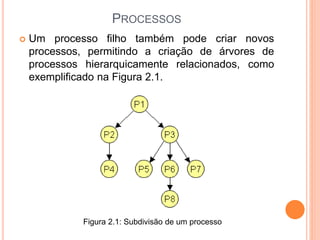PROCESSOS
 Um processo filho também pode criar novos
processos, permitindo a criação de árvores de
processos hierarquicamente relacionados, como
exemplificado na Figura 2.1.
Figura 2.1: Subdivisão de um processo
 