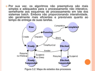  Por sua vez, os algoritmos não preemptivos são mais
simples e adequados para o processamento não interativo,
semelhante aos esquemas de processamento em lote dos
sistemas batch. Embora não proporcionando interatividade,
são geralmente mais eficientes e previsíveis quanto ao
tempo de entrega de suas tarefas.
Figura 3.2: Mapa de estados dos processos
 