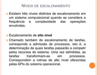 NÍVEIS DE ESCALONAMENTO
 Existem três níveis distintos de escalonamento em
um sistema computacional quando se considera a
frequência e complexidade das operações
envolvidas.
 Escalonamento de alto nível
 Chamado também de escalonamento de tarefas,
corresponde a admissão de processos, isto é, a
determinação de quais tarefas passarão a competir
pelos recursos do sistema. Uma vez admitidas, as
tarefas transformam-se em processos.
Correspondem a rotinas de alto nível oferecidas
pelas APIs do sistema operacional.
 