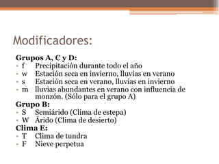 Modificadores:
Grupos A, C y D:
• f Precipitación durante todo el año
• w Estación seca en invierno, lluvias en verano
• s Estación seca en verano, lluvias en invierno
• m lluvias abundantes en verano con influencia de
monzón. (Sólo para el grupo A)
Grupo B:
• S Semiárido (Clima de estepa)
• W Árido (Clima de desierto)
Clima E:
• T Clima de tundra
• F Nieve perpetua
 