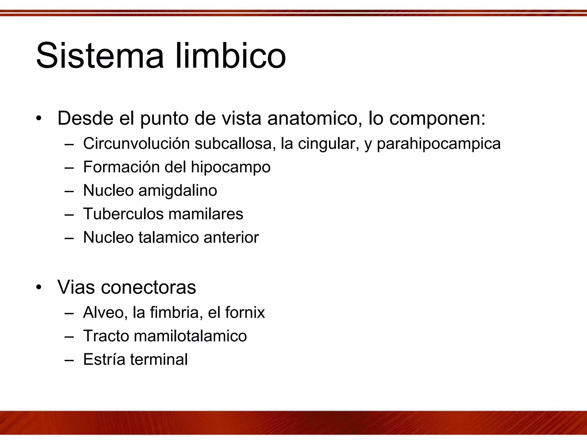 Sistema limbico
• Desde el punto de vista anatomico, lo componen:
– Circunvolución subcallosa, la cingular, y parahipocampica
– Formación del hipocampo
– Nucleo amigdalino
– Tuberculos mamilares
– Nucleo talamico anterior
• Vias conectoras
– Alveo, la fimbria, el fornix
– Tracto mamilotalamico
– Estría terminal
 