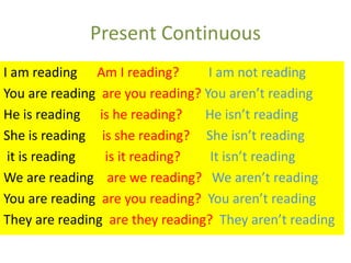 Present Continuous
I am reading Am I reading? I am not reading
You are reading are you reading? You aren’t reading
He is reading is he reading? He isn’t reading
She is reading is she reading? She isn’t reading
it is reading is it reading? It isn’t reading
We are reading are we reading? We aren’t reading
You are reading are you reading? You aren’t reading
They are reading are they reading? They aren’t reading
 