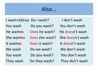 Also…
I wash=πλένω Do I wash? I don’t wash
You wash Do you wash? You don’t wash
He washes Does he wash? He doesn’t wash
She washes Does she wash? She doesn’t wash
It washes Does it wash? It doesn’t wash
We wash Do we wash? We don’t wash
You wash Do you wash? You don’t wash
They wash Do they wash? They don’t wash
 